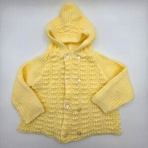 Vintage Friemanit Yellow Popcorn Stitch Hooded Cardigan Sweater Double Breast